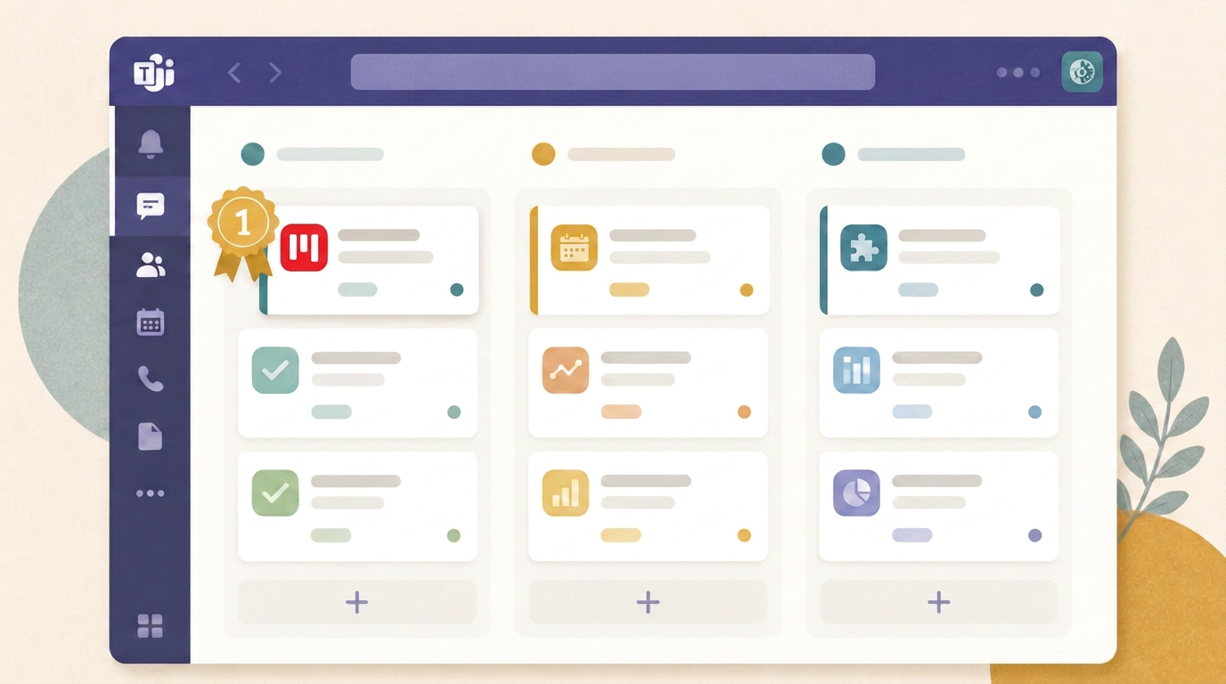 Kanban board with three columns open inside a Microsoft Teams tab, the leading card marked with a number one badge