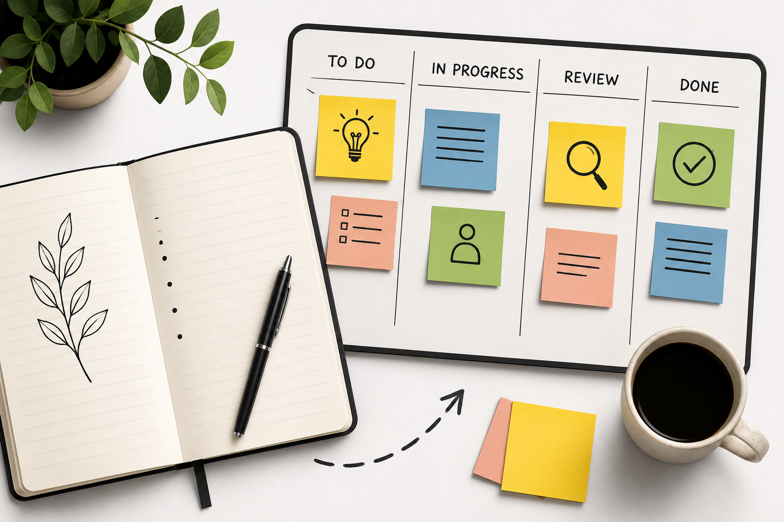 Notebook next to a paper Kanban board with To Do, In Progress, Review and Done columns